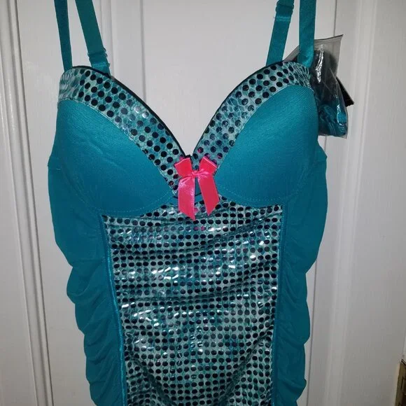 Passion Forever Bustier Embelished Slip Lingerie XL TealColor Silver Sequin NWT